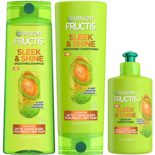 Garnier Fructis Sleek & Shine Shampoo, Conditioner + Leave-In Conditioner Set